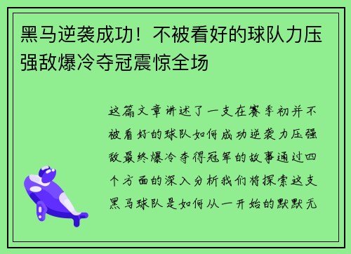 黑马逆袭成功！不被看好的球队力压强敌爆冷夺冠震惊全场