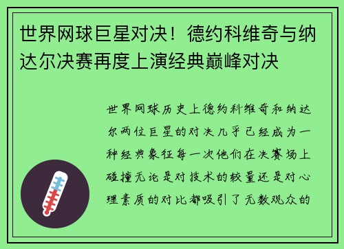 世界网球巨星对决！德约科维奇与纳达尔决赛再度上演经典巅峰对决